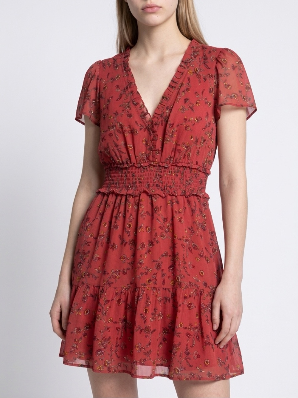 PAIGE Floral Smocked Waist Red V-Neck Dress